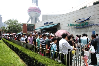 参观上海海洋水族馆的游客排起长龙。今年5月19日，第五个中国旅游日，景区游客挤爆棚。 图/CFP